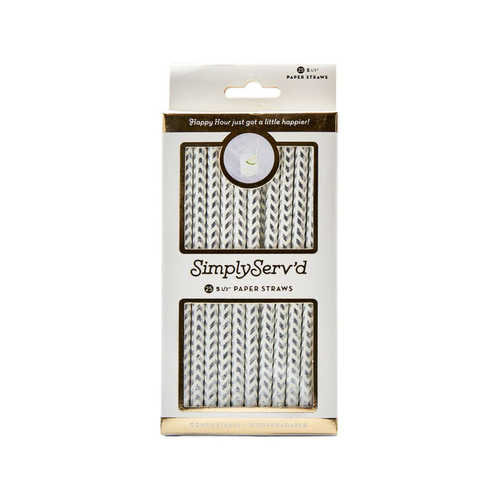 Silver Chevron Paper Cocktail Straw/25pk - Gift Box