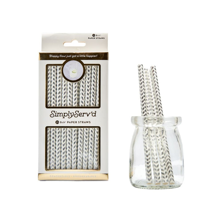 Silver Chevron Paper Cocktail Straw/25pk - Gift Box