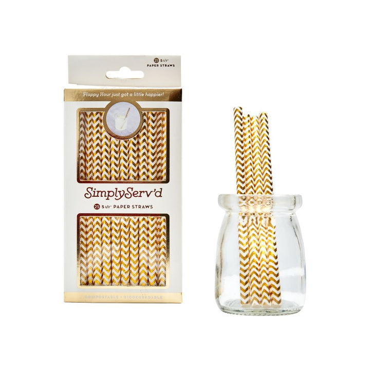 Gold Chevron Paper Cocktail Straw/25pk - Gift Box