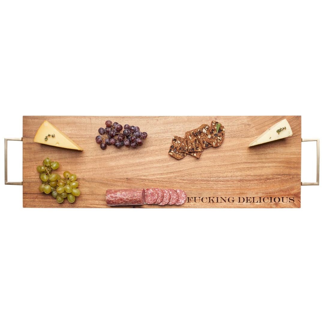 Acacia Serving Board with Gold Handles | Fucking Delicious | 30 x 10"