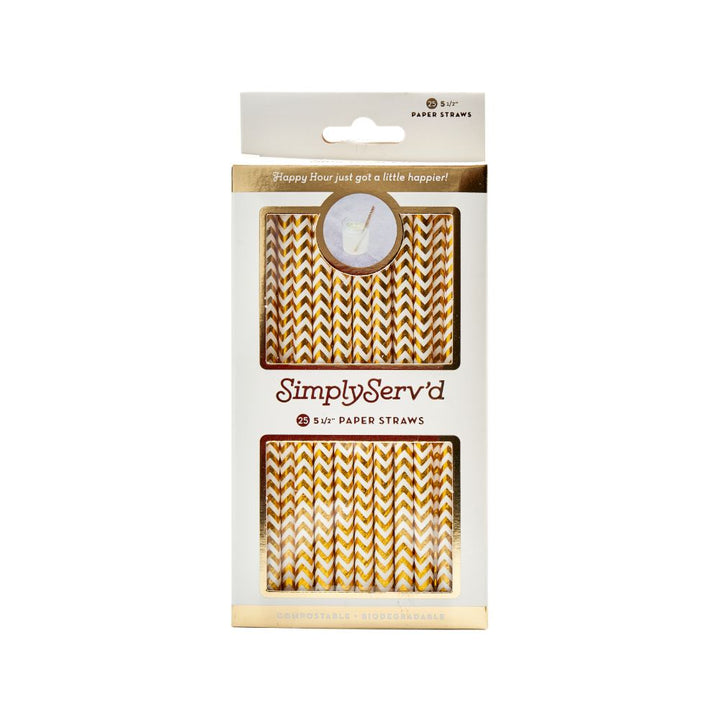 Gold Chevron Paper Cocktail Straw/25pk - Gift Box