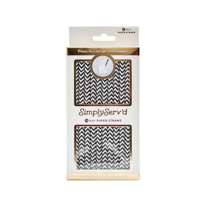 Black Chevron Paper Cocktail Straw/25pk - Gift Box