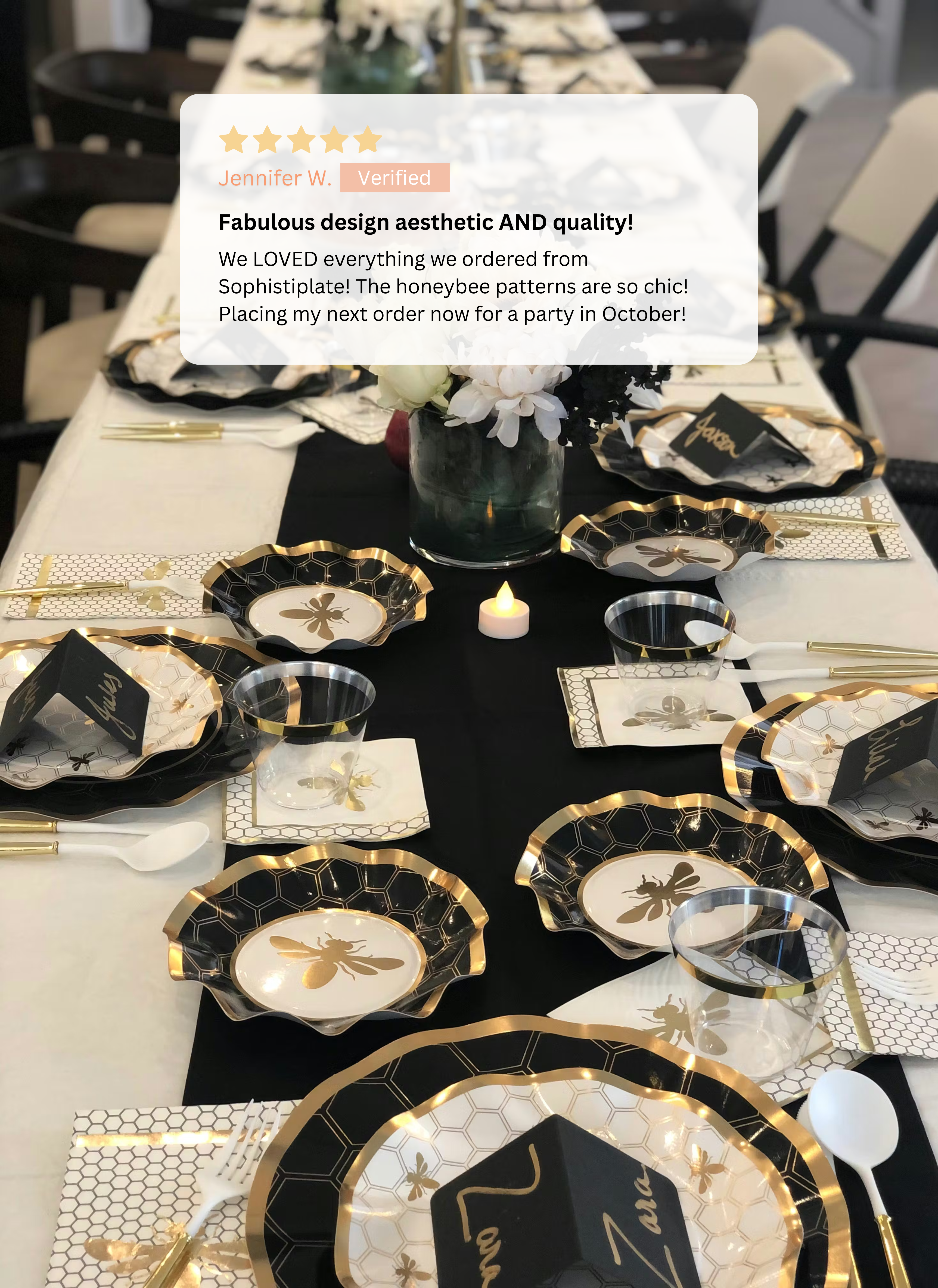 The Honeybee Table Setting by Sophistiplate LLC includes hexagonal heavy-duty plates with gold bee designs, black and gold utensils, personalized napkins, and a black table runner. A review highlights the impressive design and quality of these party plates.