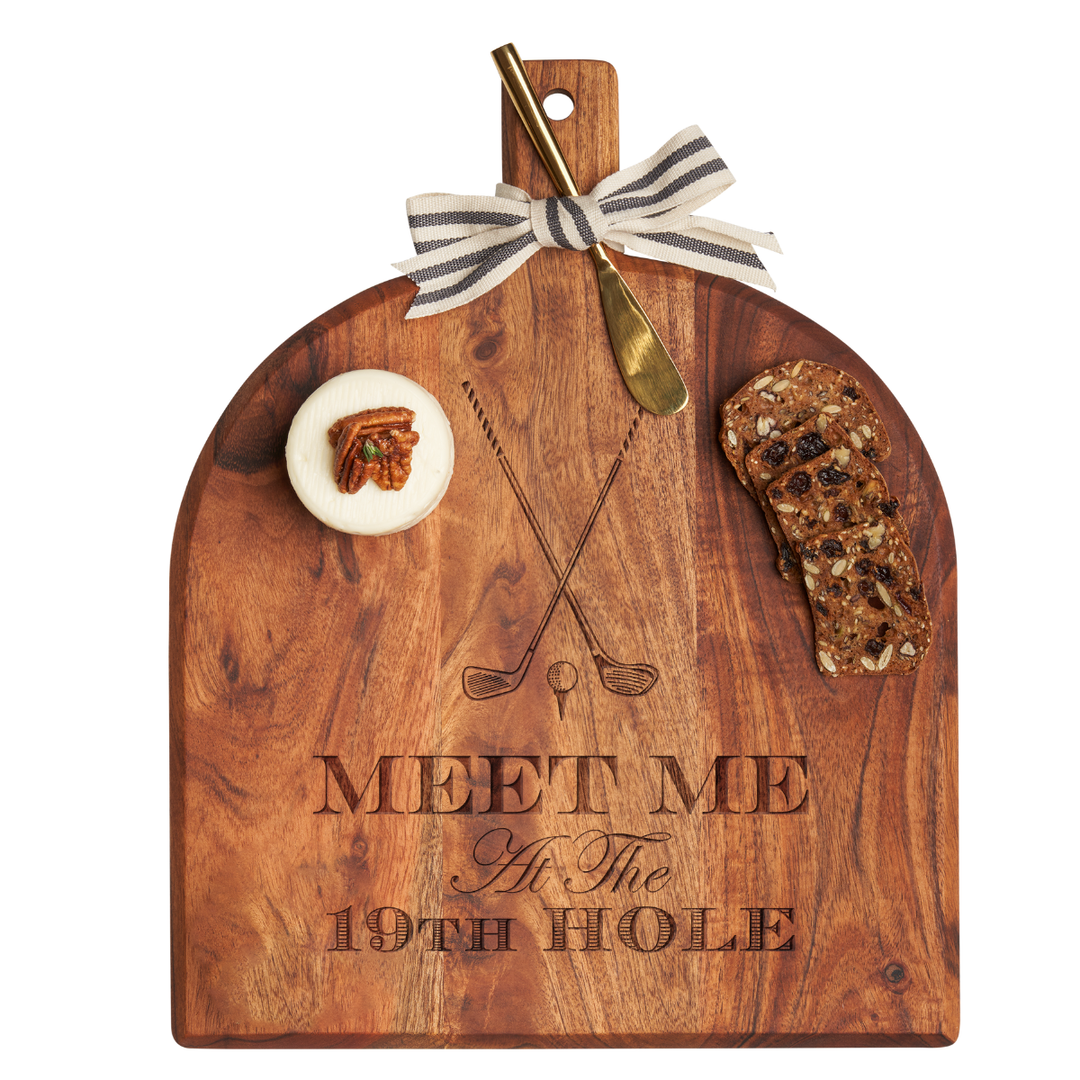 Acacia Bevel Board w/ Ribbon & Gold Spreader Knife | Meet Me at the 19th Hole | 15 x 12"