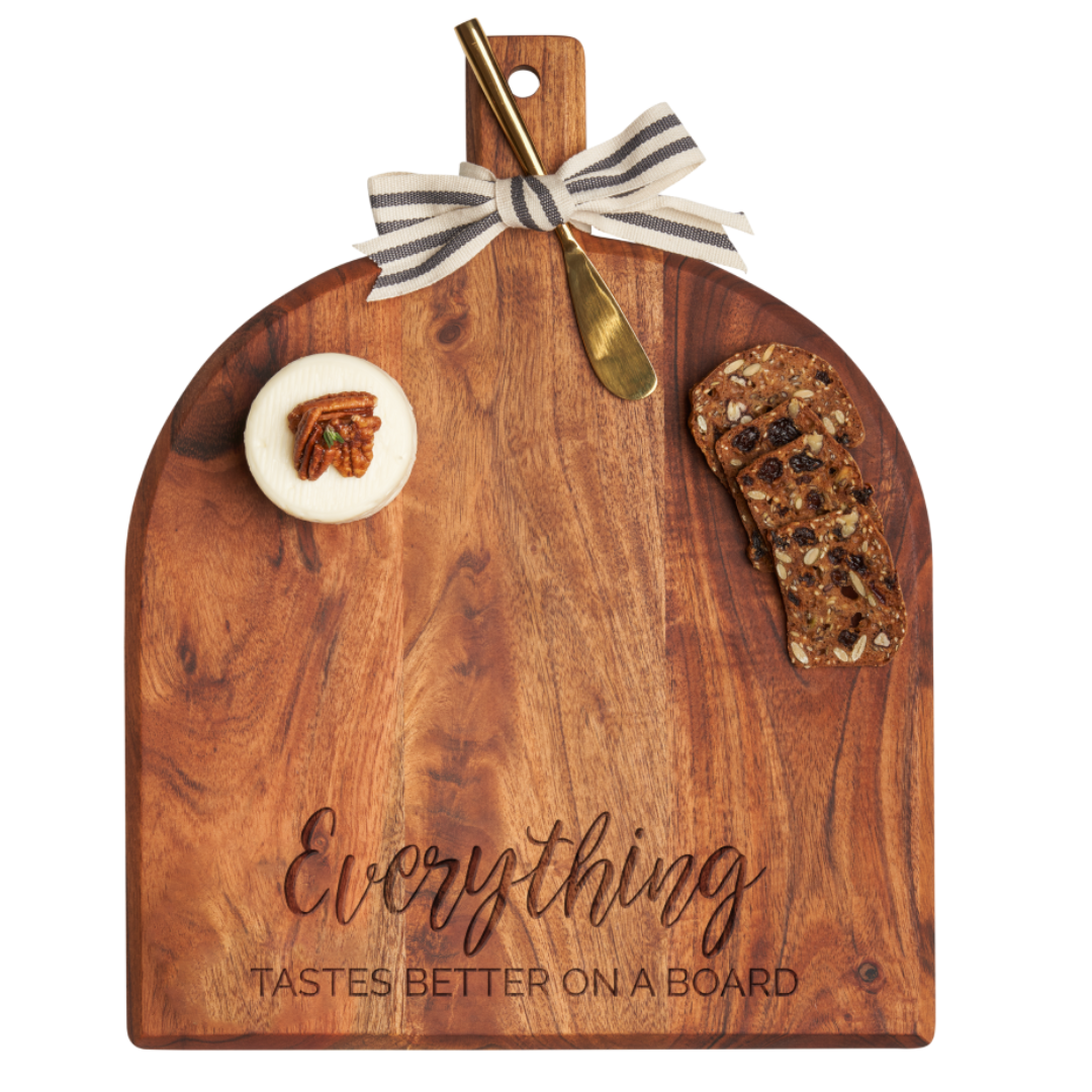 Acacia Bevel Board w/ Ribbon & Gold Spreader Knife | Everything Tastes Better On A Board | 15 x 12"