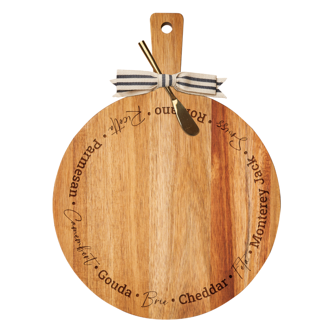 19" x 14" Acacia Thick Handle Round Cutting Board | Types of Cheese |