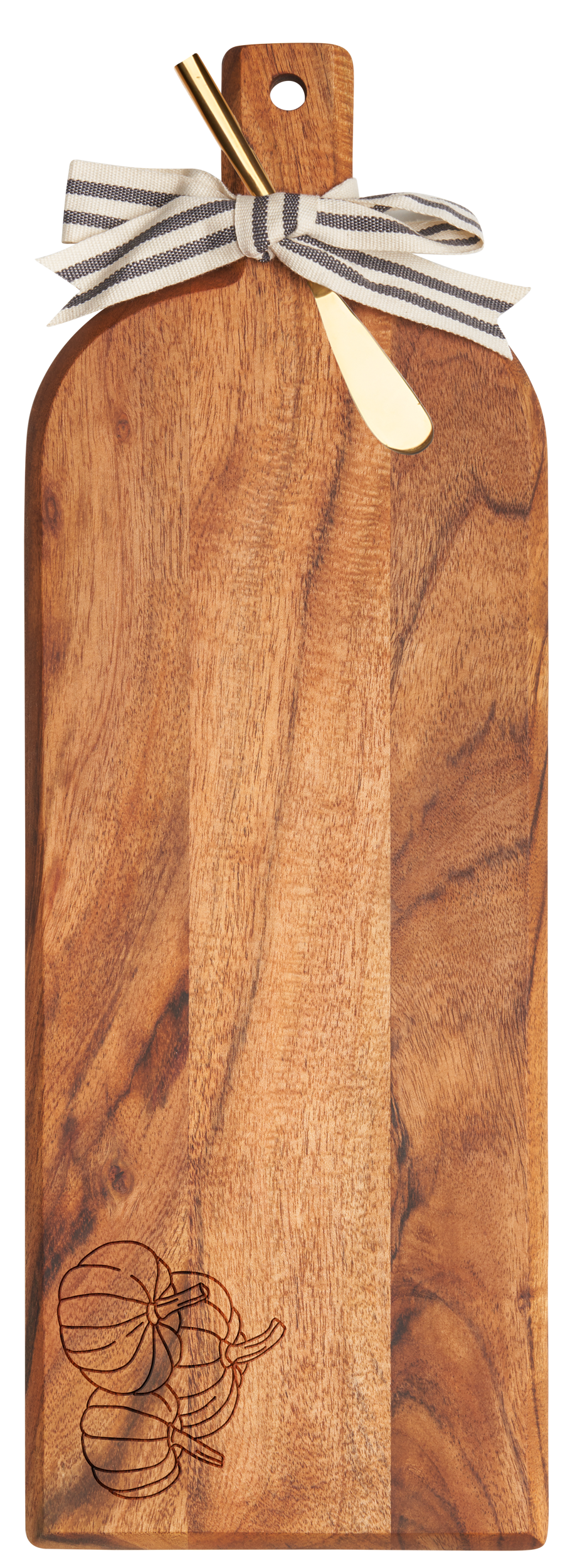 Acacia Bevel Board w/ Ribbon & Gold Spreader Knife | Three Pumpkin | 20 x 7"