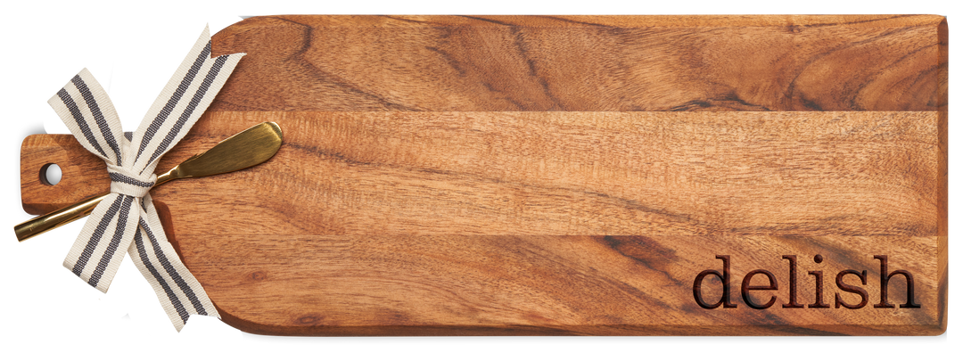 Acacia Bevel Board w/ Ribbon & Gold Spreader Knife | Delish | 20 x 7"