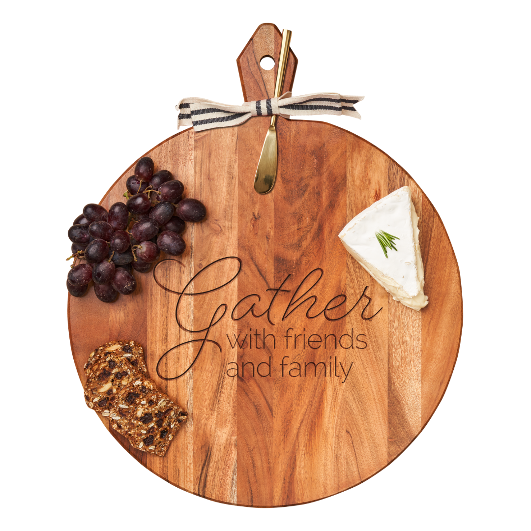 Acacia Heirloom Board Round w/ Gold Spreader & Ribbon | Gather with Friends and Family | 20 x 16"