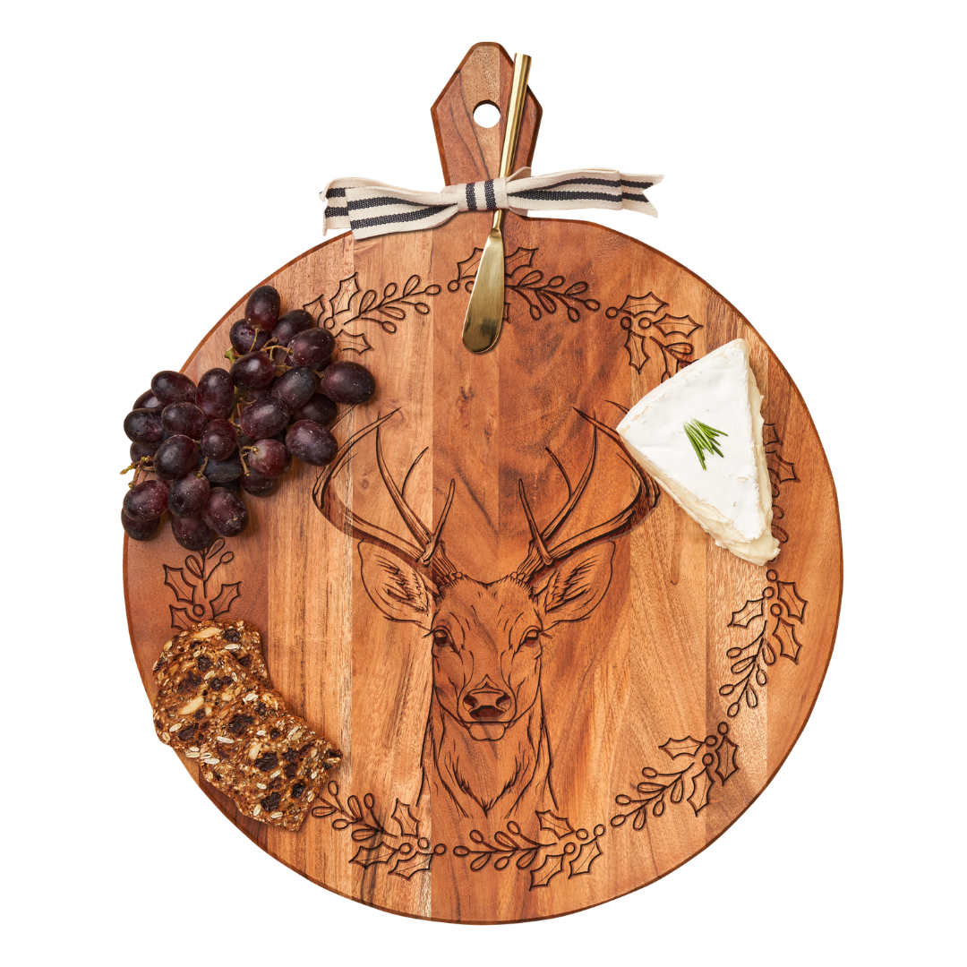 Acacia Heirloom Board Round w/ Gold Spreader & Ribbon | Stag | 20 x 16"