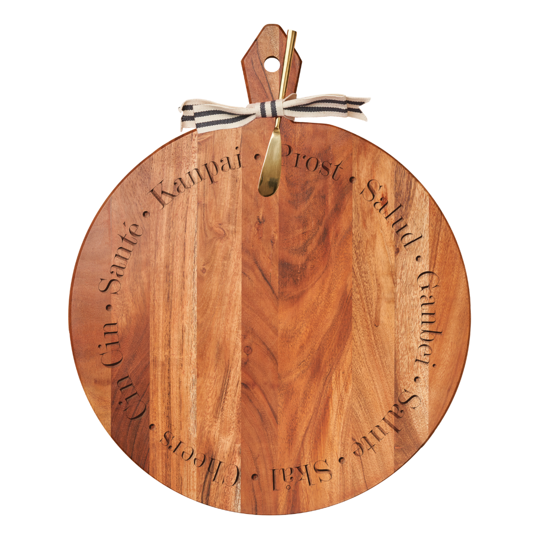 Acacia Heirloom Board w/ Handle Round w/ Gold Spreader and Ribbon| Different Cheers | 20 x 16" (Copy)