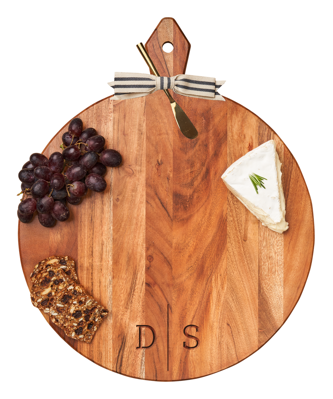 Acacia Heirloom Board w/ Handle Round w/ Gold Spreader and Ribbon | 20 x 16"