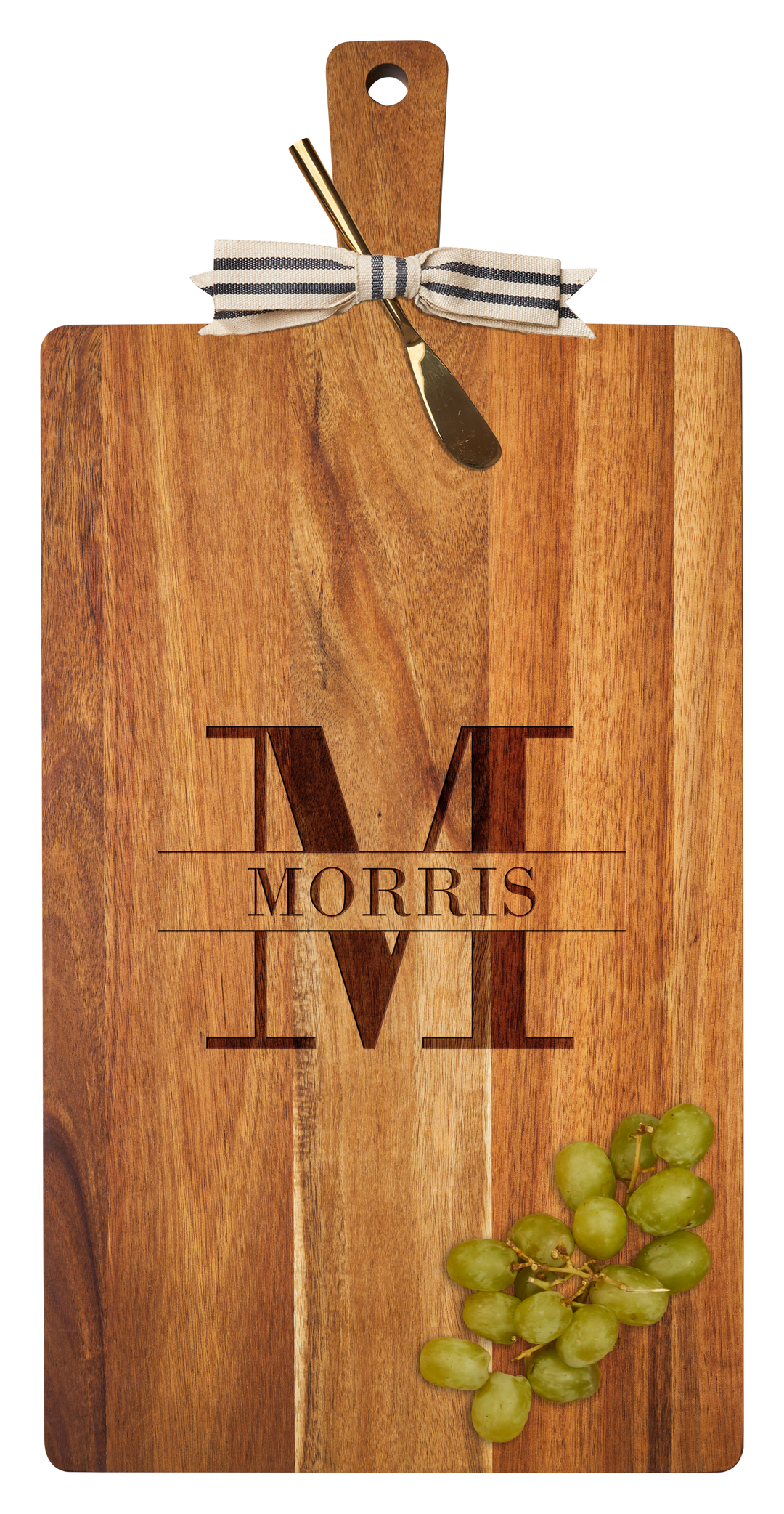 24" x 12" Acacia Wood Thick Handle Cutting Board with gold spreader and ribbon