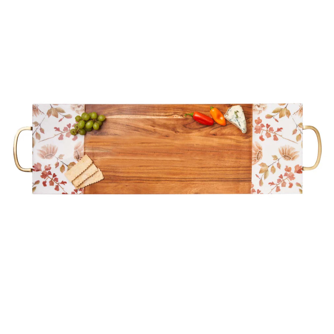 Acacia Plank Antique Floral Pattern Enamel with Gold Handles | 30 x 10"