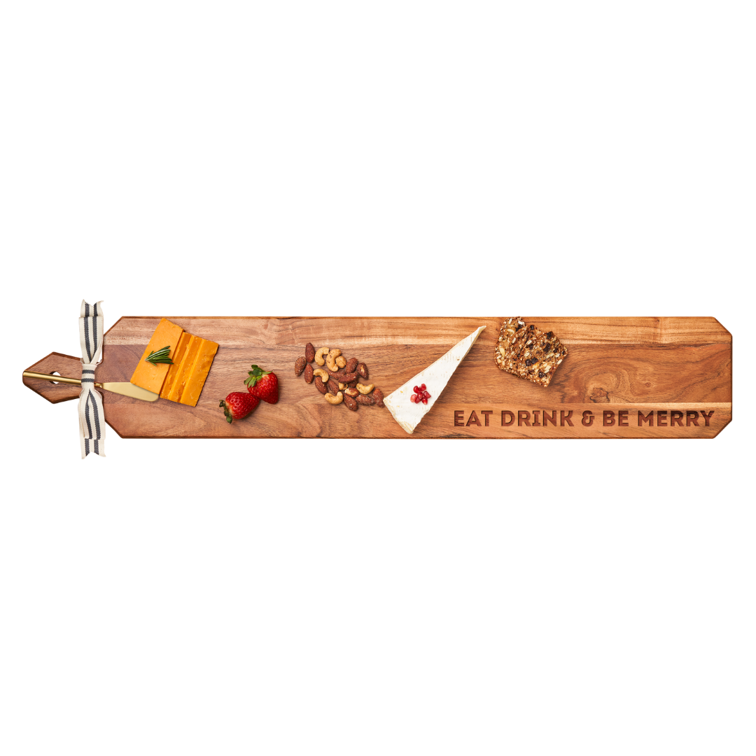 Acacia Heirloom Board Skinny w/ Gold Spreader & Ribbon | Eat Drink & Be Merry | 34 x 6"