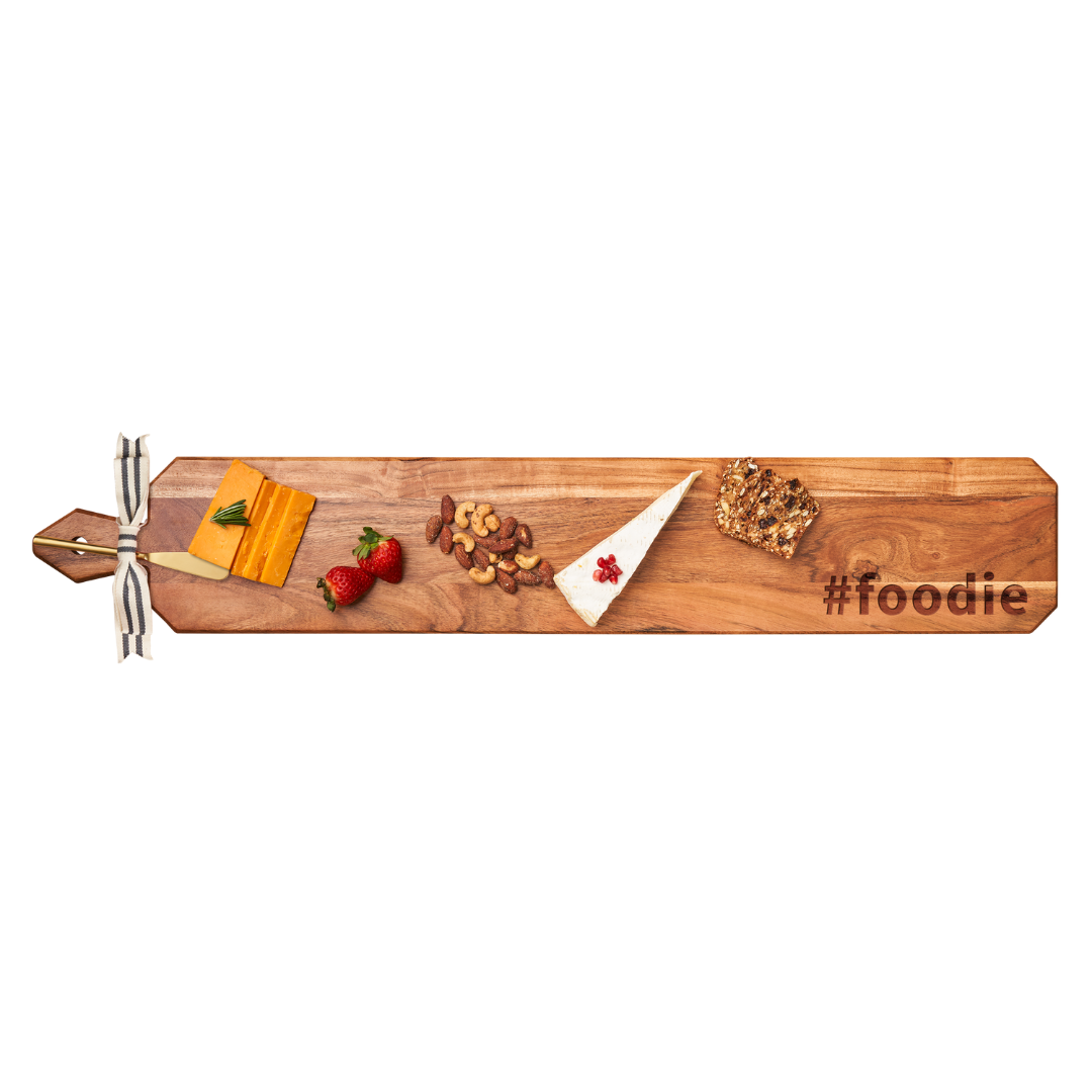 Acacia Heirloom Board Skinny w/ Gold Spreader & Ribbon | Hashtag Foodie | 34 x 6"