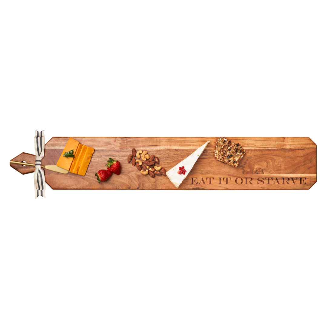 Acacia Heirloom Board Skinny w/ Gold Spreader & Ribbon | Eat It Or Starve | 34 x 6"