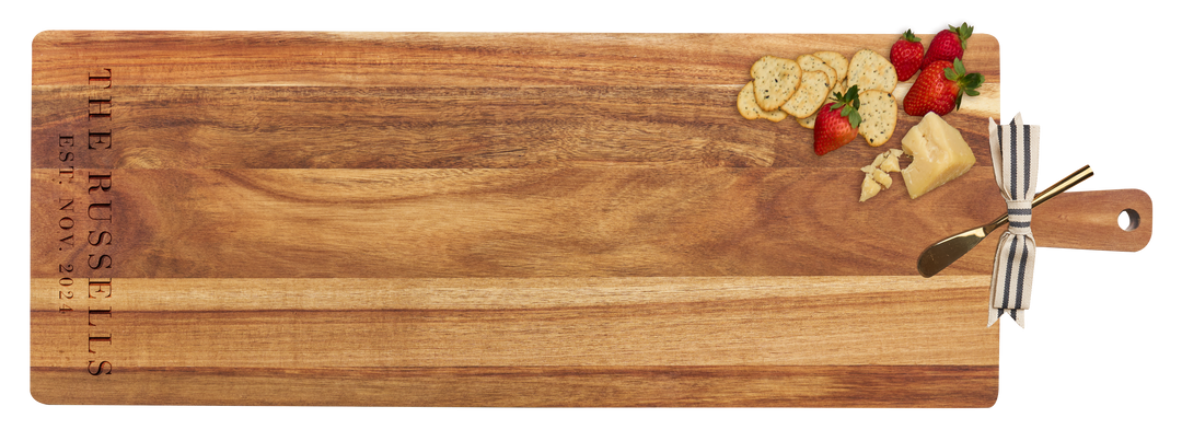 35" x 12" Acacia Wood Thick Handle Cutting Board with Gold Spreader & Ribbon