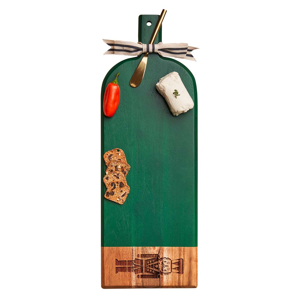 Acacia Bevel Board Green w/ Ribbon & Gold Spreader Knife | Nutcracker | 20 x 7"