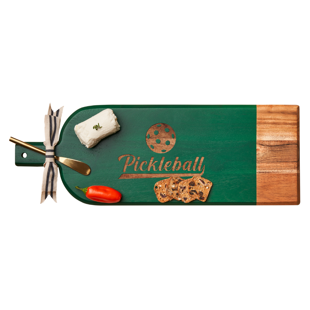 Acacia Bevel Board Long Green w/ Ribbon & Gold Spreader Knife | Pickleball | 20 x 7"