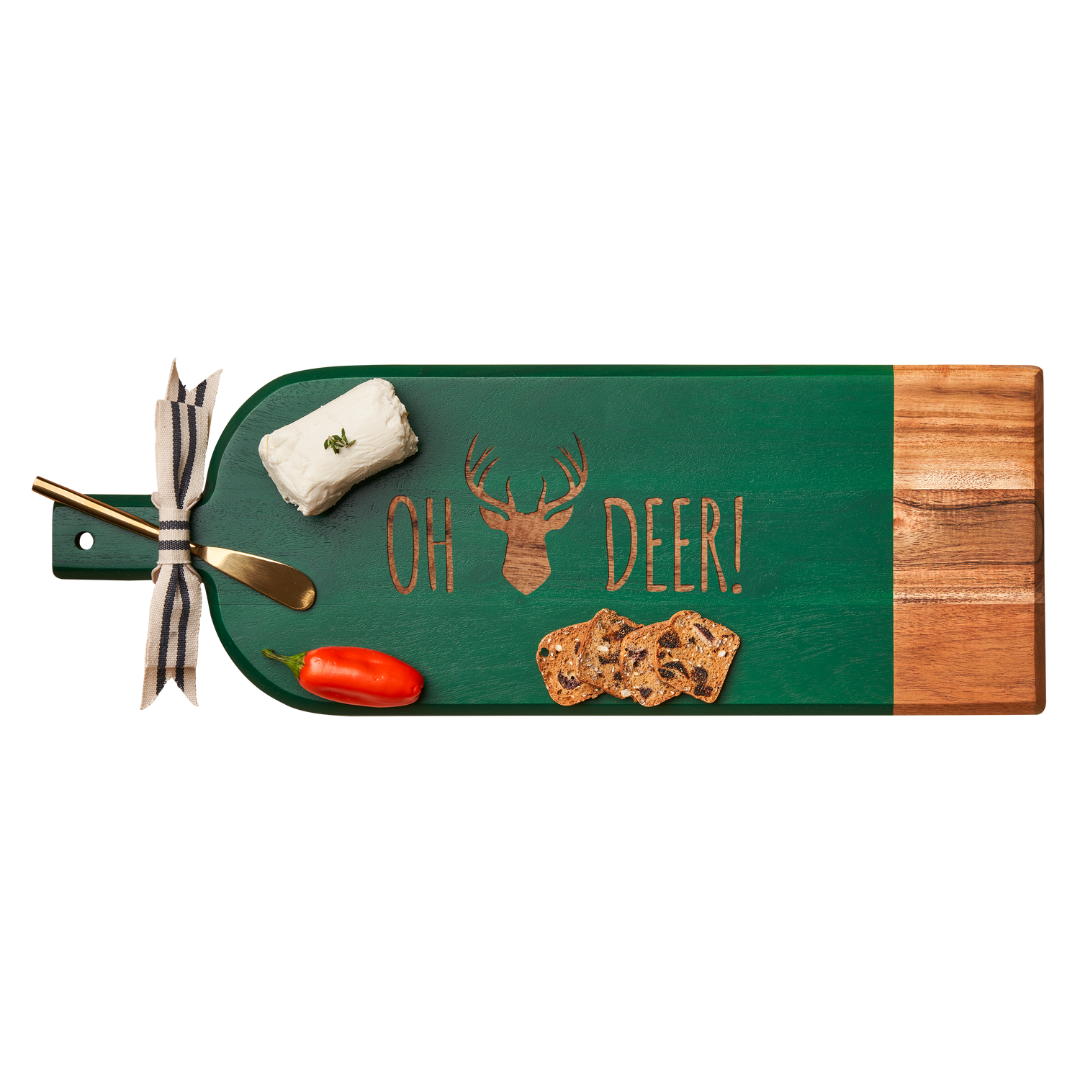 Acacia Bevel Board Long Green w/ Gold Spreader & Ribbon | Oh Deer | 20 x 7"