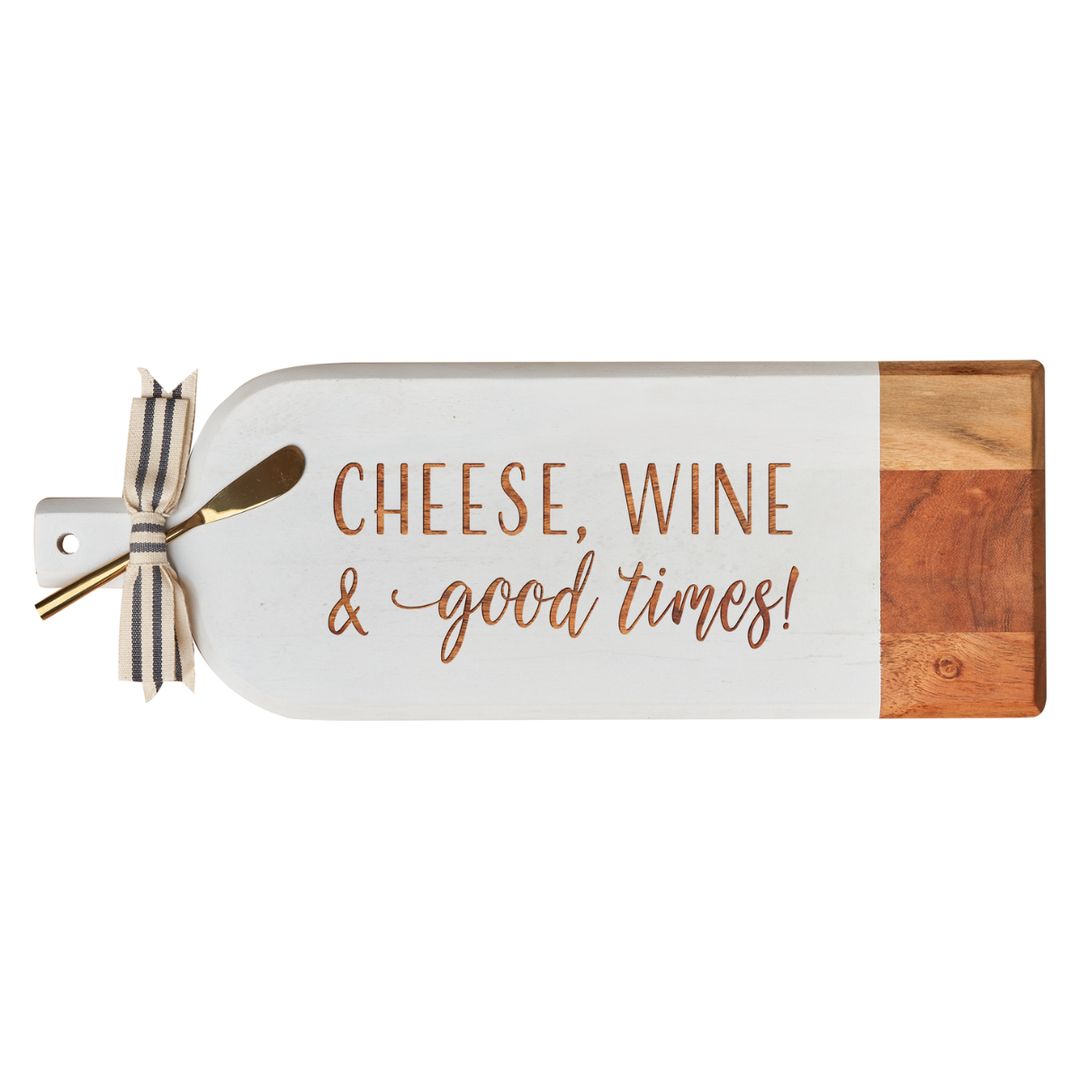 Acacia Bevel Board Long White w/ Gold Spreader & Ribbon | Cheese, Wine & Good Times | 20 x 7"