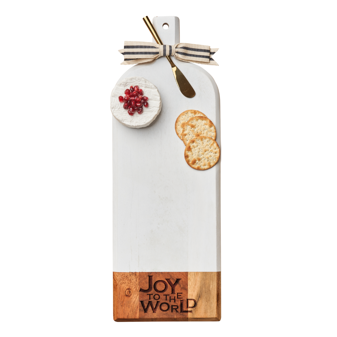 Acacia Bevel Board Long White w/ Gold Spreader & Ribbon | Joy To The World | 20 x 7"