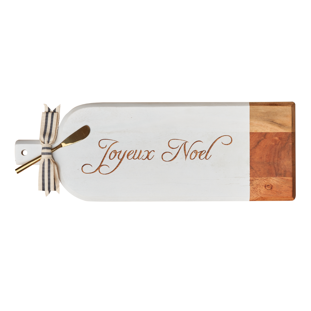 Acacia Bevel Board Long White w/ Gold Spreader & Ribbon | Joyeux Noel | 20 x 7"
