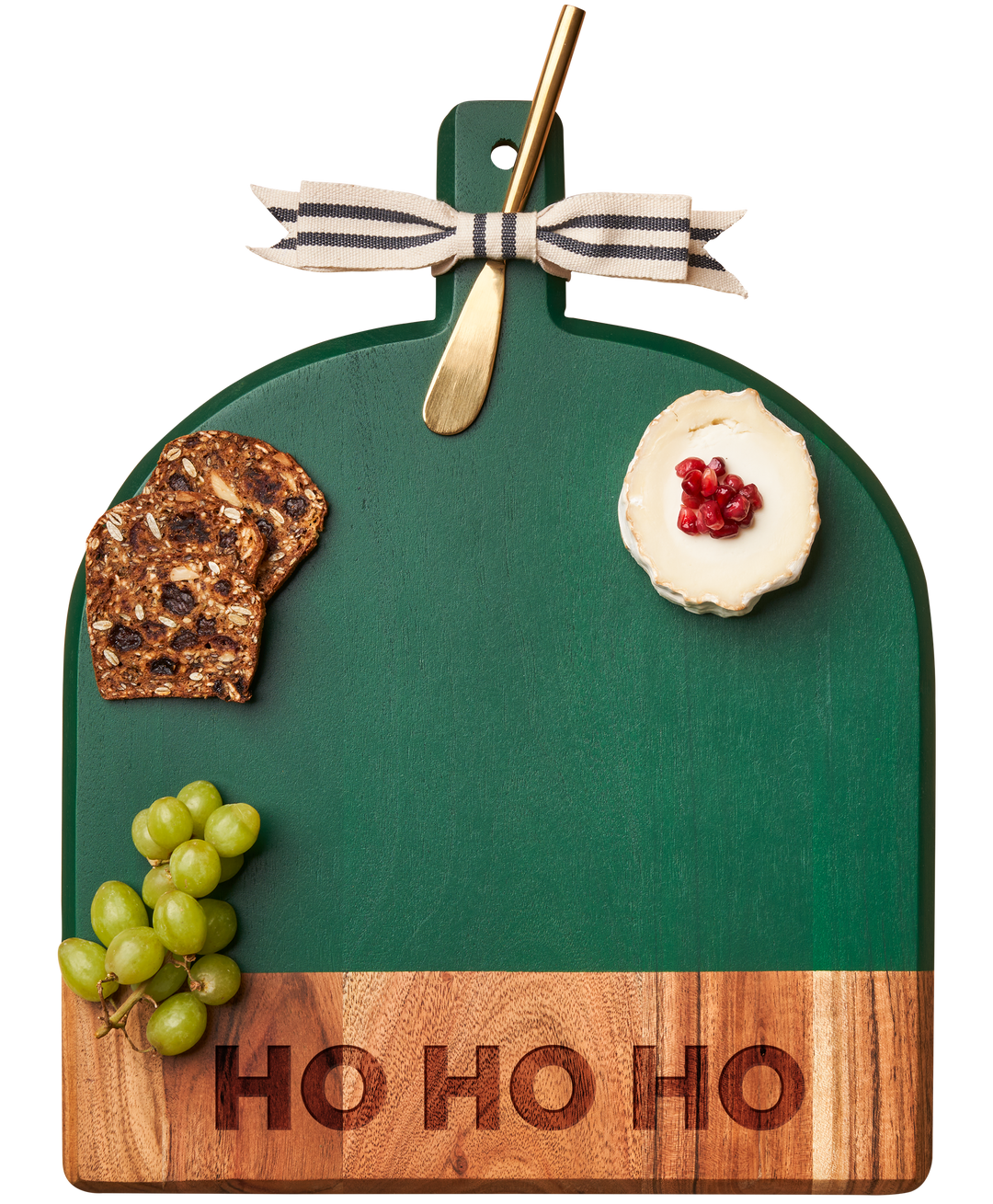 Acacia Bevel Board Green w/ Ribbon & Gold Spreader Knife | Ho Ho Ho | 15 x 12"