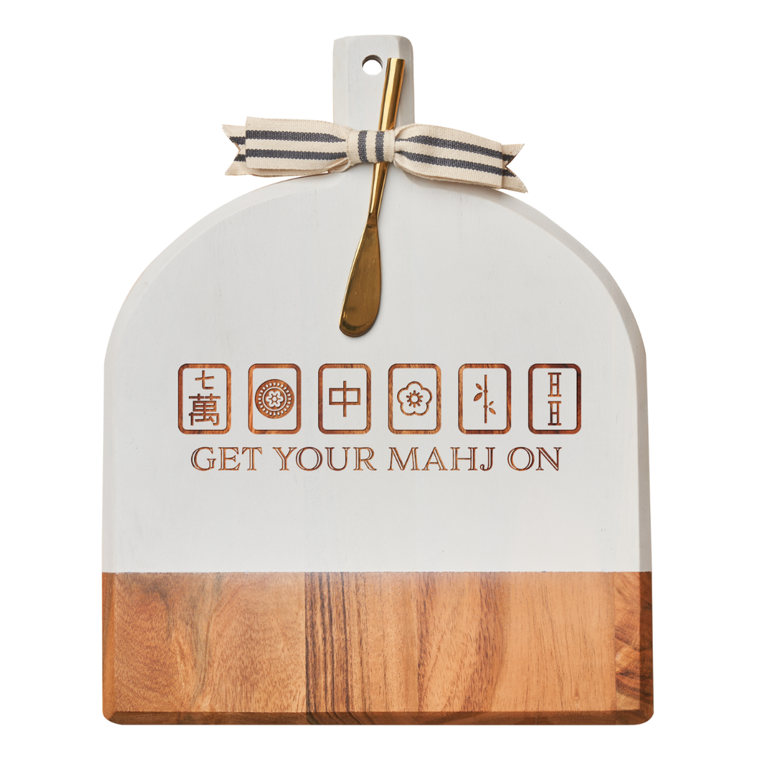 Acacia Bevel Board White w/ Ribbon & Gold Spreader Knife | Get Your Mahj On | 15" X 12" X .6"