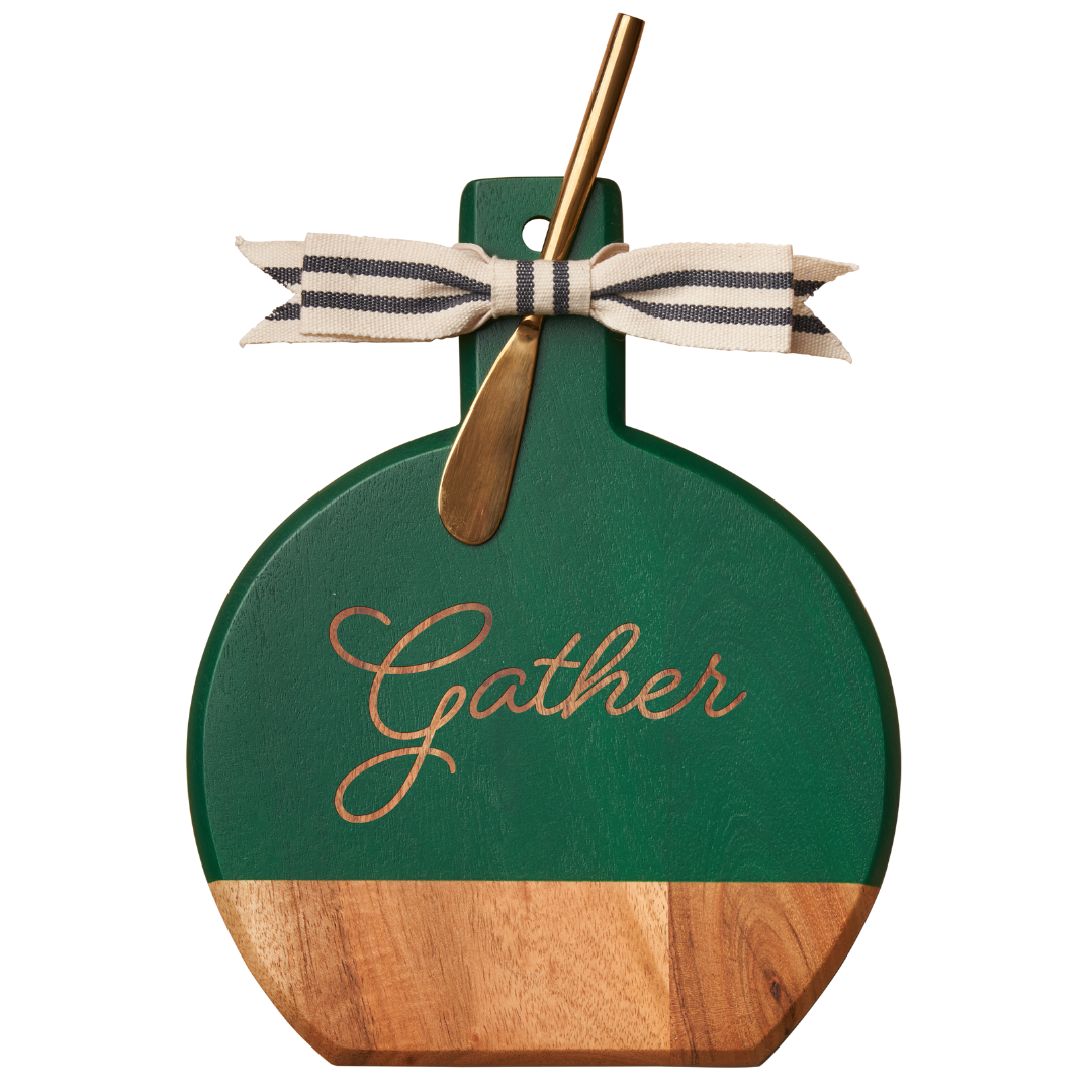 Acacia Bevel Board Green w/ Ribbon & Gold Spreader Knife | Gather | 9.75 x 8"
