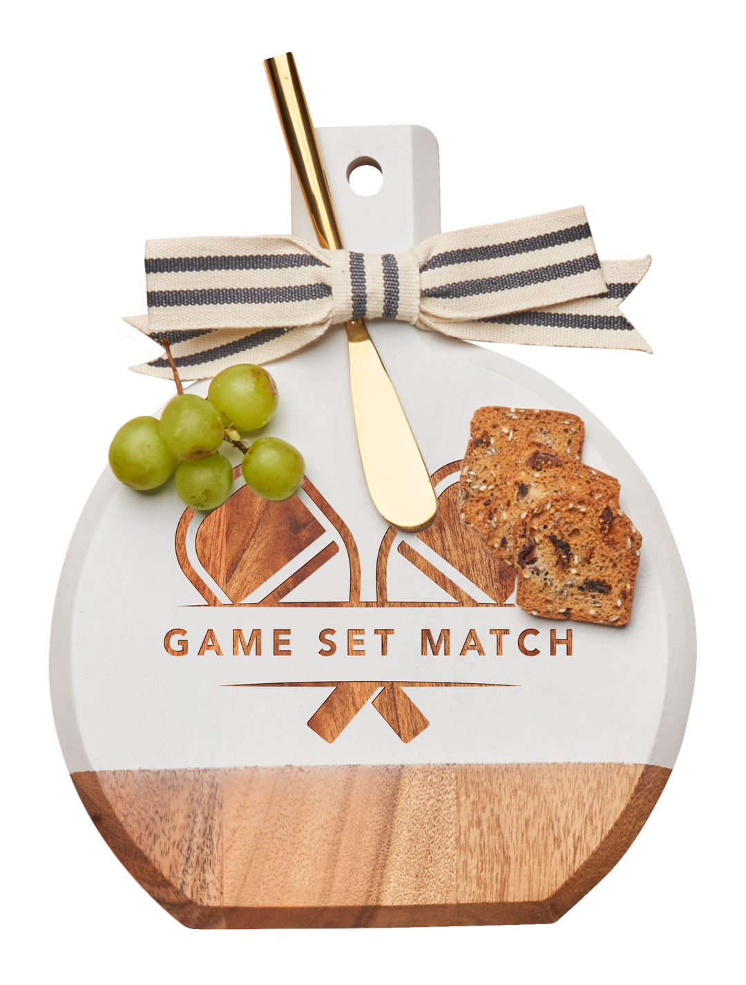 Acacia Bevel Board White w/ Ribbon & Gold Spreader Knife | Game Set Match | 9.75 x 8"