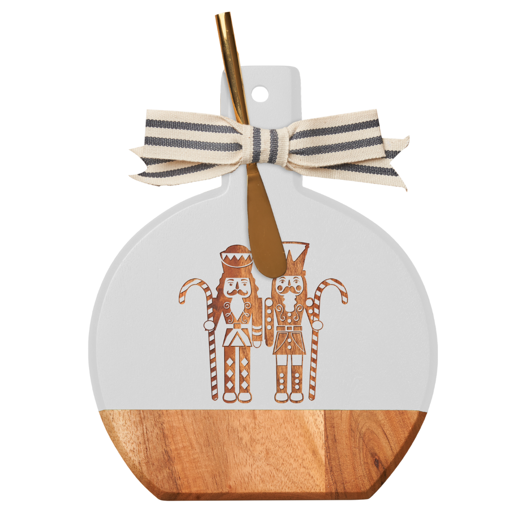 Acacia Bevel Board White w/ Ribbon & Gold Spreader Knife | Gilded Nutcracker | 9.75 x 8"