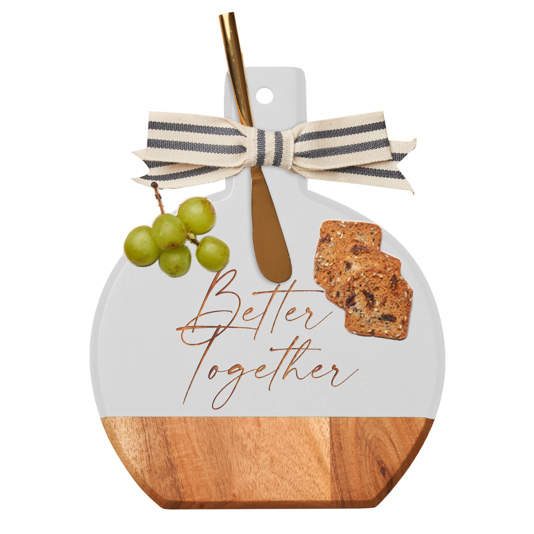 Acacia Bevel Board White w/ Ribbon & Gold Spreader Knife | Better Together | 9.75 x 8"