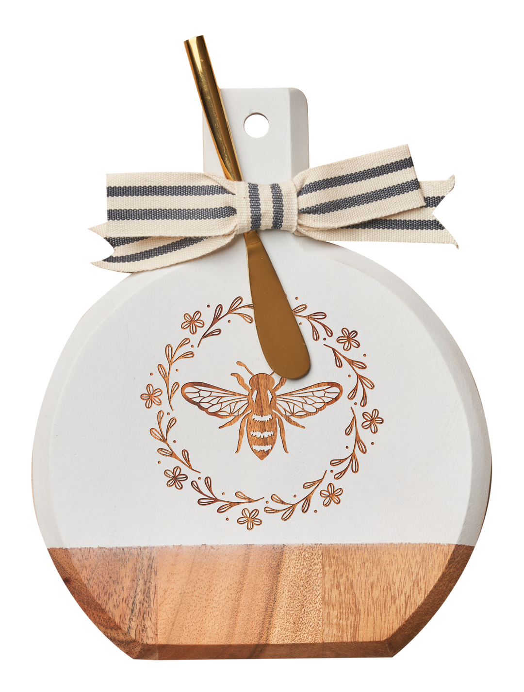 Acacia Bevel Board White w/ Gold Spreader Knife | Honeybee | 9.75 x 8"