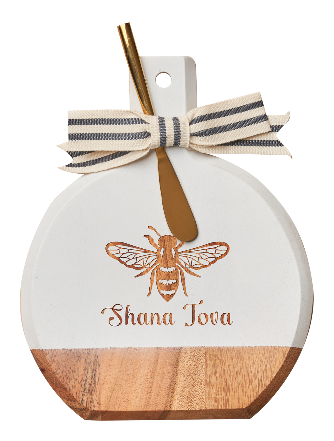 Acacia Bevel Board White w/ Gold Spreader Knife | Honeybee Shana Tova | 9.75 x 8"