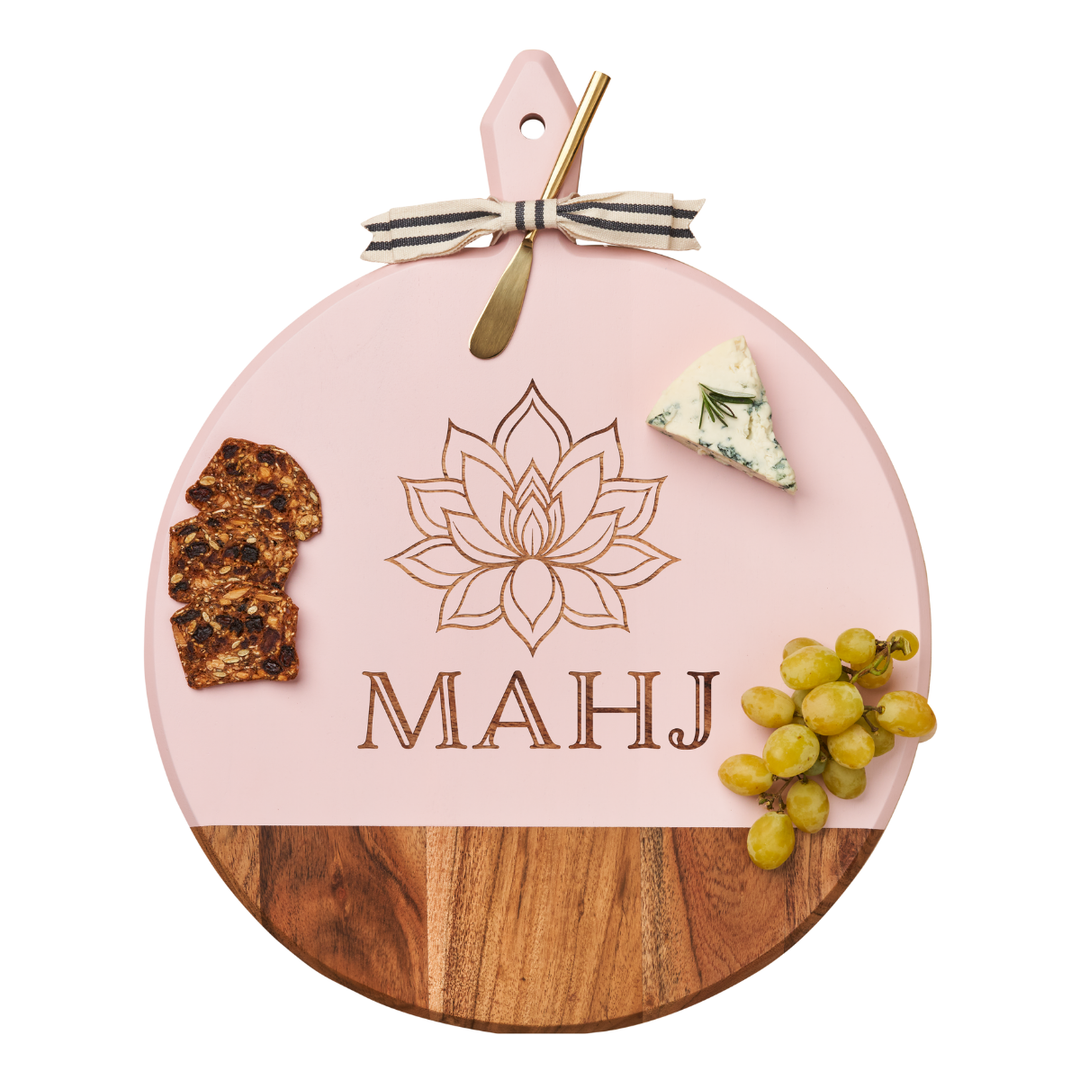 Acacia Heirloom Board in Blush with Handle Round & Gold Spreader Tied with Gray & White Ribbon | Lotus Mahj | 20 x 16"