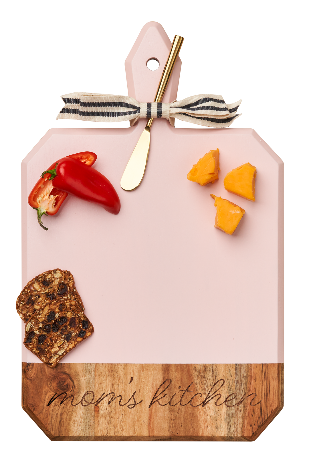 Acacia Heirloom Board with Handle Round & Gold Spreader Tied with Gray & White Ribbon | Mom's Kitchen | 16 x 10"