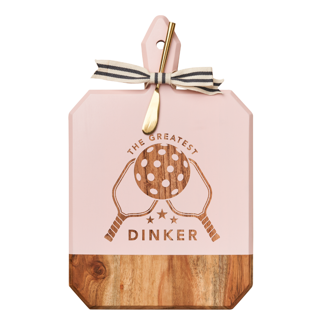 Acacia Heirloom Board in Blush with Handle Round & Gold Spreader Tied with Gray & White Ribbon | The Greatest Dinnker | 16 x 10"