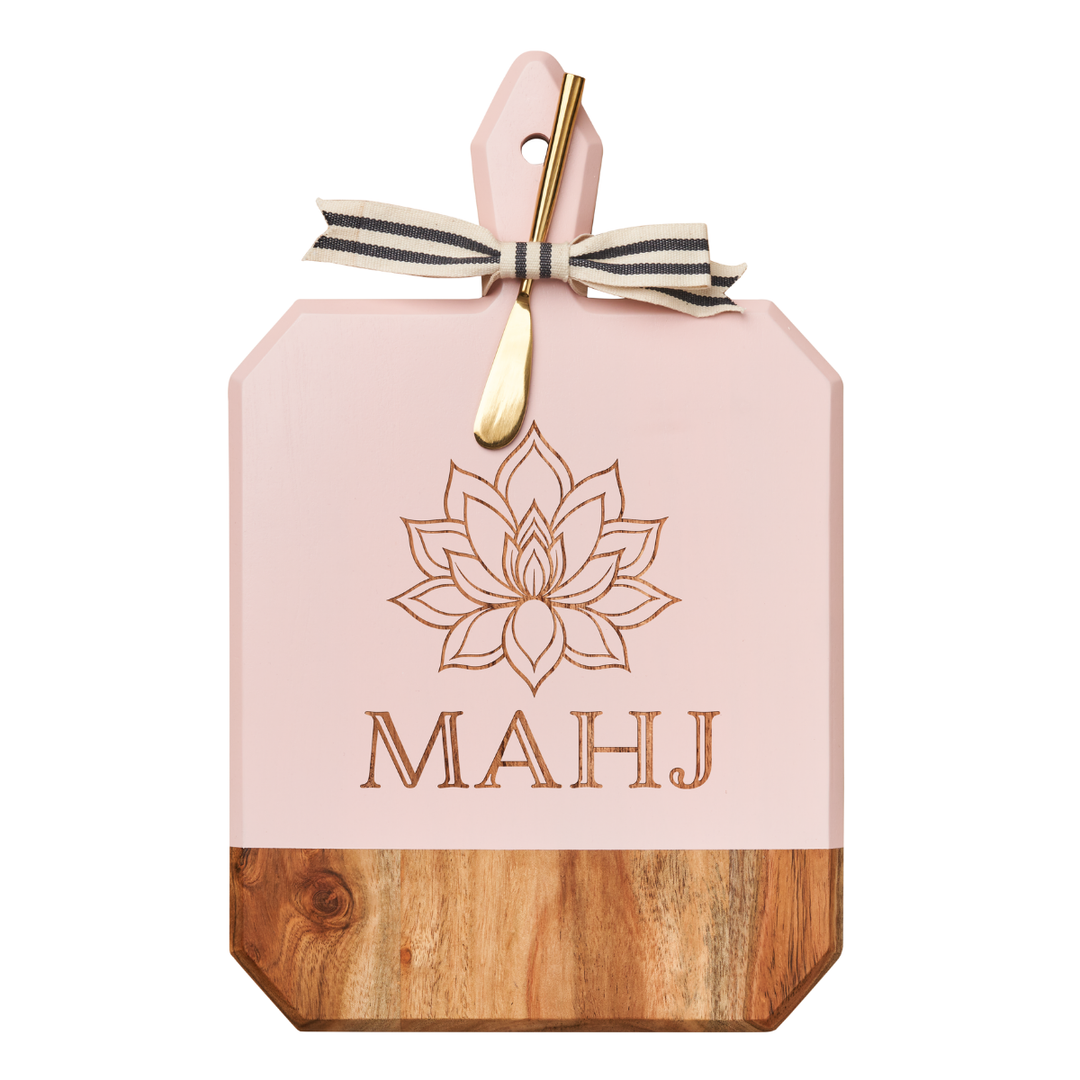 Acacia Heirloom Board in Blush with Handle Round & Gold Spreader Tied with Gray & White Ribbon | Lotus Mahj | 16 x 10"