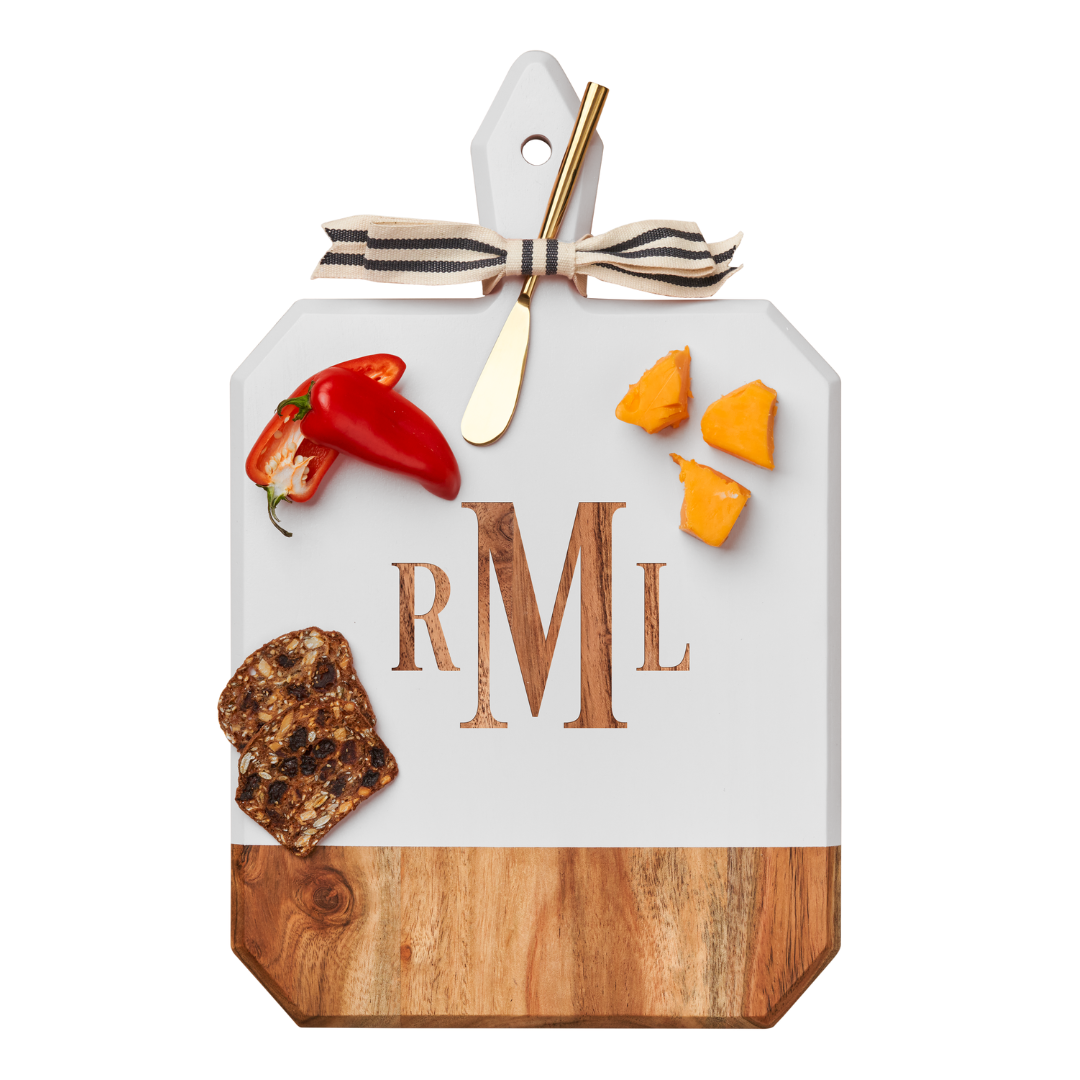 Acacia Heirloom Board Rectangle In White Color w/ Gold Spreader & Ribbon | Personalize | 16 x 10"