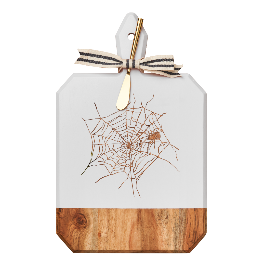 Acacia Heirloom Board Rectangle In White Color w/ Gold Spreader & Ribbon | Spider Web | 16 x 10"