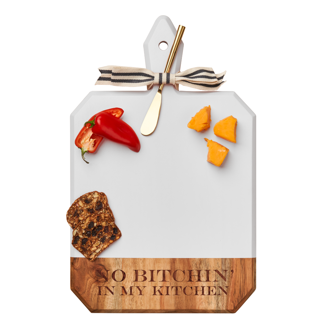Acacia Heirloom Board Rectangle In White Color w/ Gold Spreader & Ribbon | No Bitchin In My Kitchen | 16 x 10"