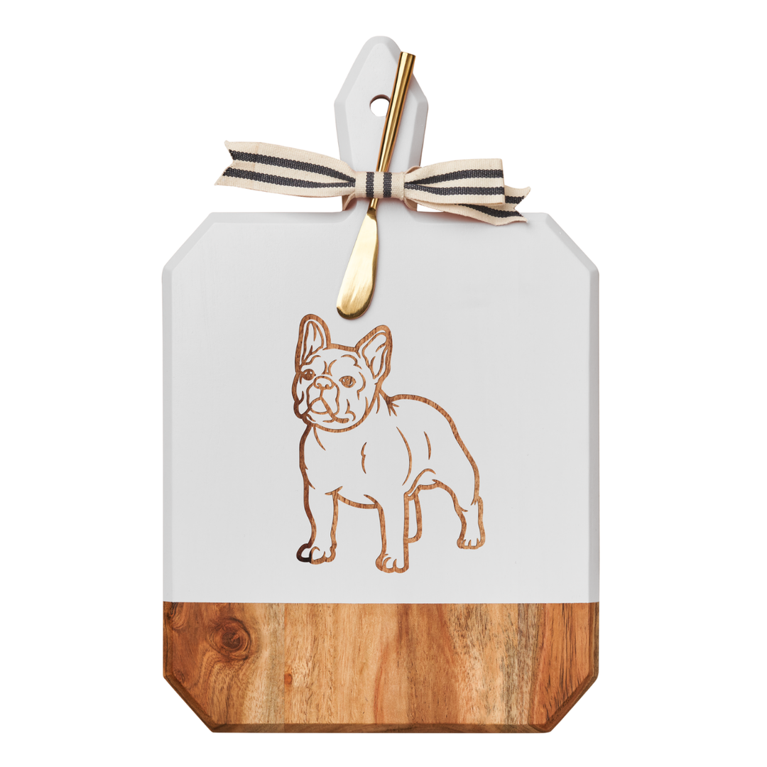 Acacia Heirloom Board Rectangle In White Color w/ Gold Spreader & Ribbon | French Bulldog | 16 x 10"