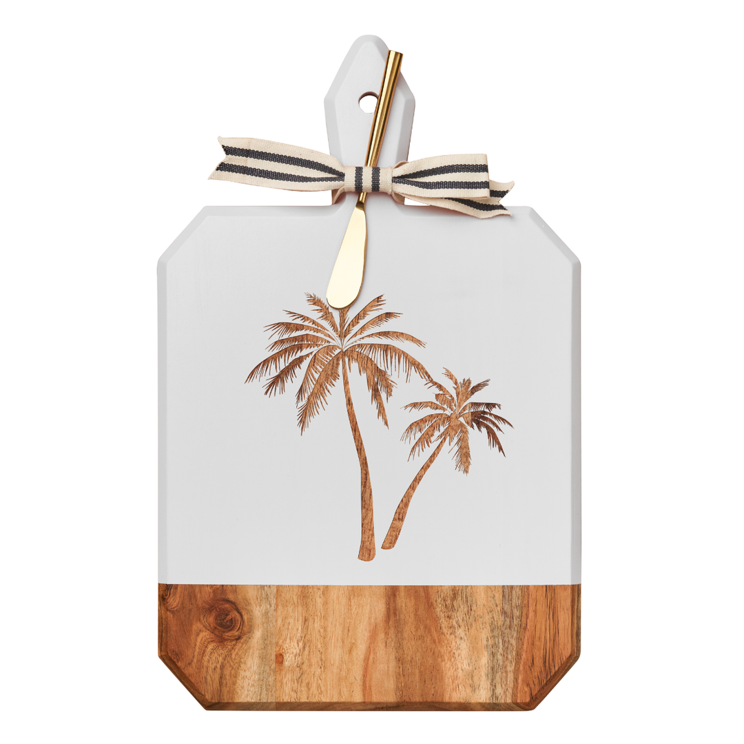 Acacia Heirloom Board Rectangle In White Color w/ Gold Spreader & Ribbon | Palm Trees | 16 x 10"