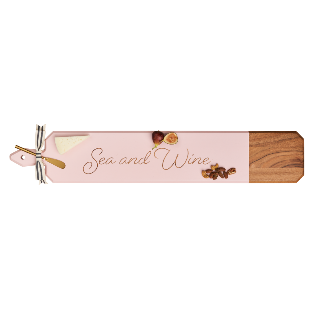Acacia Heirloom Board Skinny In Pink Color w/ Gold Spreader & Ribbon | Sea and Wine | 34 x 6"