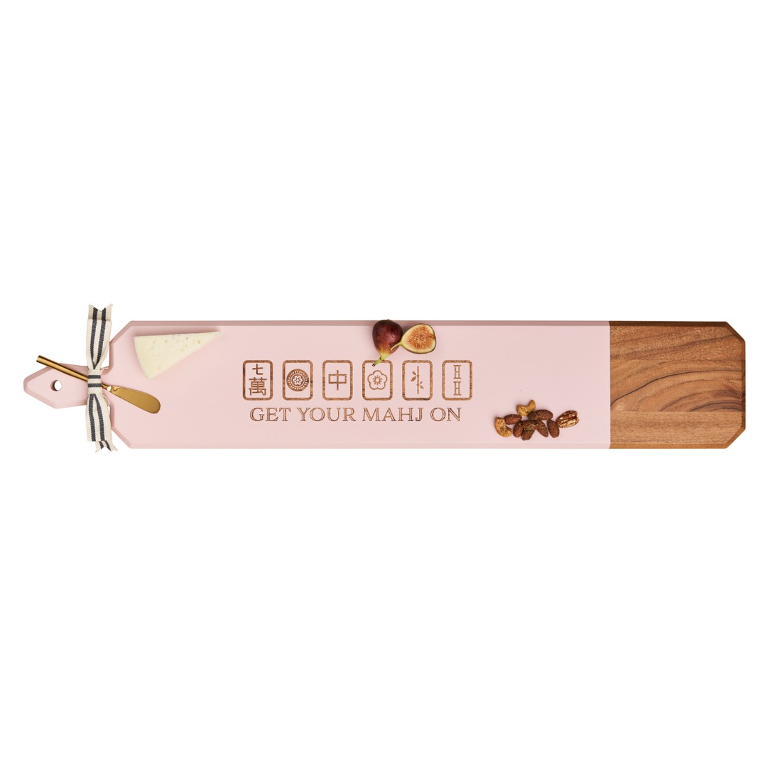 Acacia Heirloom Board Skinny In Pink Color w/ Gold Spreader & Ribbon | Get Your Mahj On | 34 x 6"