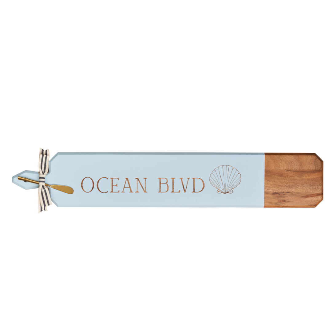 Acacia Heirloom Board Skinny In Light Blue Color w/ Gold Spreader & Ribbon | Ocean Blvd | 34 x 6"