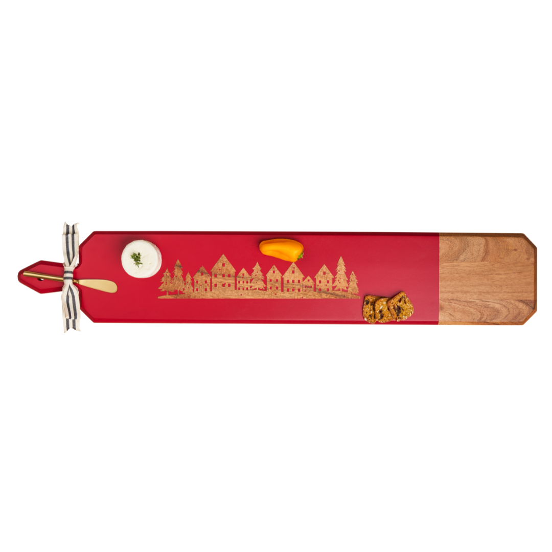 Acacia Heirloom Board Skinny In Red Color w/ Gold Spreader & Ribbon | Christmas Village | 34 x 6"