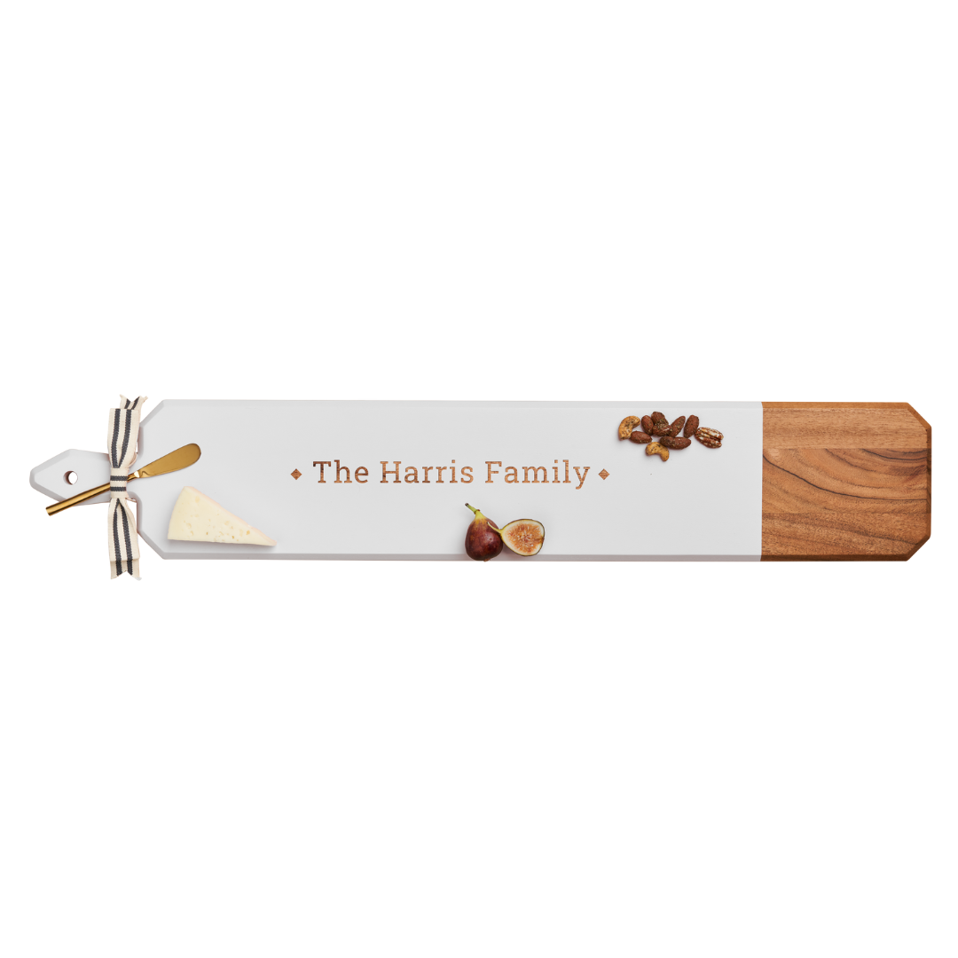 Acacia Heirloom Board Skinny In White Color w/ Gold Spreader & Ribbon | Personalize | 34 x 6"